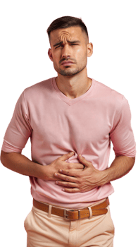 Man holding stomach in pain on transparent background, experiencing discomfort or illness png