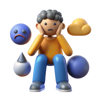 Person suffering from depression with sad face and cloud on transparent background png