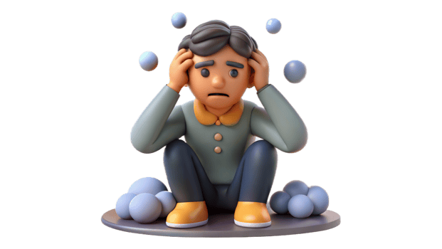 Animated figure depicting depression and anxiety with hands on head on transparent background png