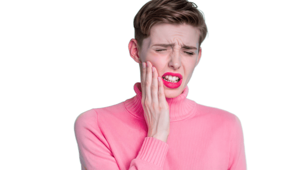 Person suffering from dental pain with facial expression of discomfort on transparent background png