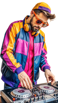 Male DJ in 90s outfit mixing music with headphones and colorful clothing on transparent background png
