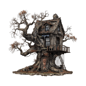 Halloween Horror Wooden House on Tree on Transparent Background png