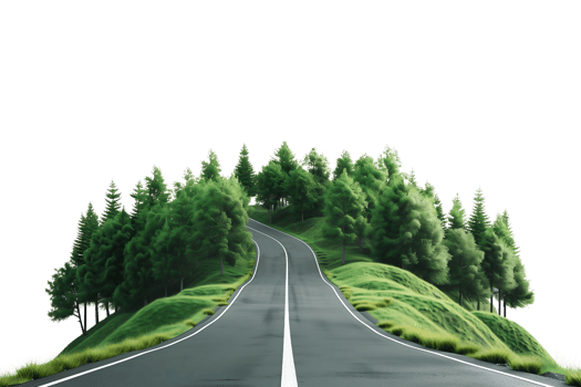 asphalt road going up to the top of green forest isolated on transparent background png