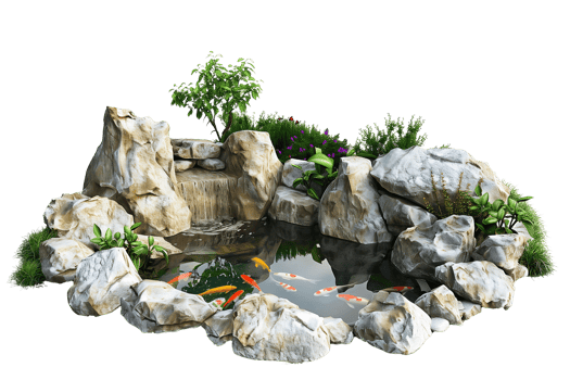 Natural river koi pond, Natural Rough Rock stone featuring garden isolated on transparent background png