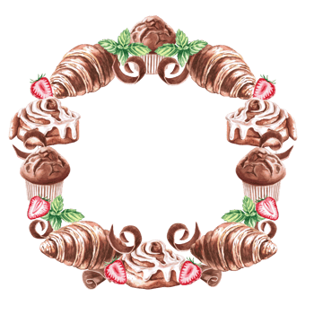 Round frame of cinnamon roll, strawberry, mint, croissant, muffin, chocolate in watercolor illustration . Hand drawn baking illustration for menu, cookbooks, brand logo, bakery. png