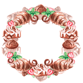Round frame of cinnamon roll, strawberry, mint, croissant, muffin, chocolate in watercolor illustration . Hand drawn baking illustration for menu, cookbooks, brand logo, bakery. png