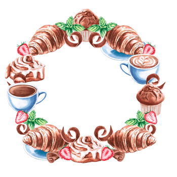 Round frame of cinnamon roll, strawberry, mint, croissant, muffin, chocolate in watercolor illustration. Hand drawn baking illustration for menu, cookbooks, brand logo, bakery. png
