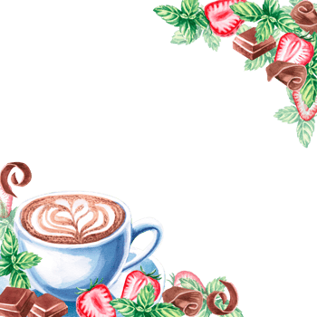 A cup of cappuccino on a plate, chocolate, mint are decorated in a square frame in a watercolor illustration. Hand drawn frame for menu, sign for cafe, restaurant, menu, goth cards, invitations. png