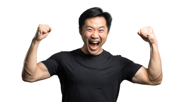 Excited Asian Man Wearing Black T-Shirt With Arms Raised In Victory png