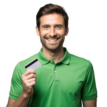 Smiling Man Holding Credit Card Against Transparent Background png
