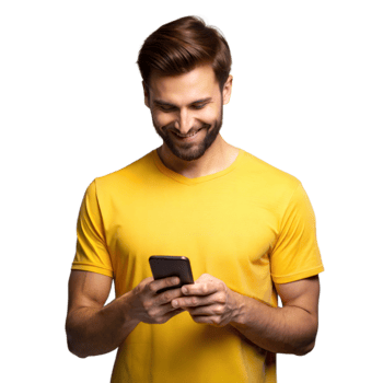 Smiling Man Using Smartphone In Yellow Shirt png