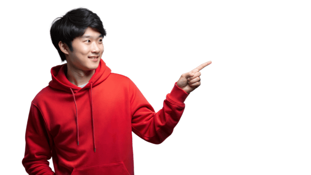 Smiling Man in Red Hoodie Pointing Right png