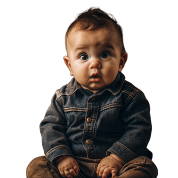 Adorable Baby Boy Wearing Denim Jacket and Brown Pants Sitting on Floor png