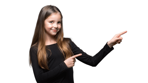 Young Girl With Long Brown Hair Pointing To The Right png
