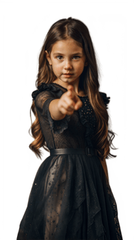 Young Girl in Black Dress Pointing at Camera png