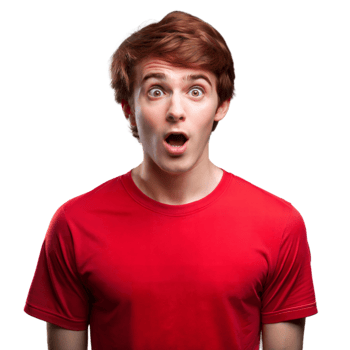 Young Man in Red T-Shirt Expressing Shock and Surprise png
