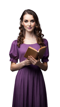 Woman in Purple Dress Holding Open Book png