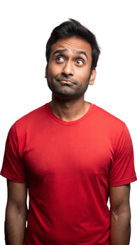 Man Wearing Red T-Shirt Looking Upwards With Thinking Expression png