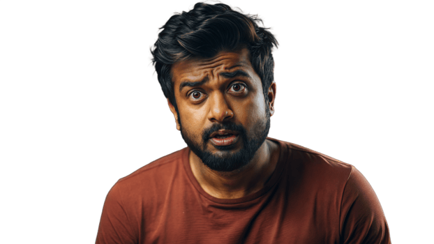 Surprised Man With Dark Hair and Beard Wearing a Maroon T-Shirt png
