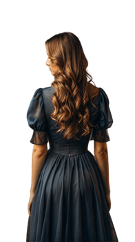 Woman With Long Brown Hair in a Black Dress Posing Backwards png