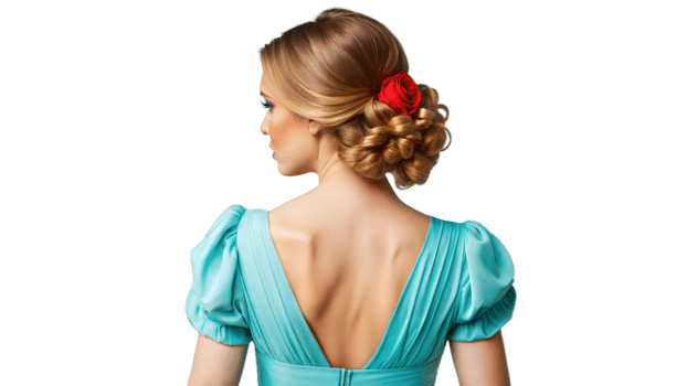 Woman Wearing Blue Dress With Back View and Red Rose Hair Accessory png