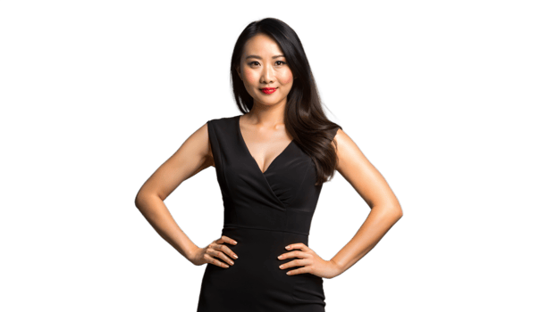 Confident Asian Woman In Black Dress Posing With Hands On Hips png
