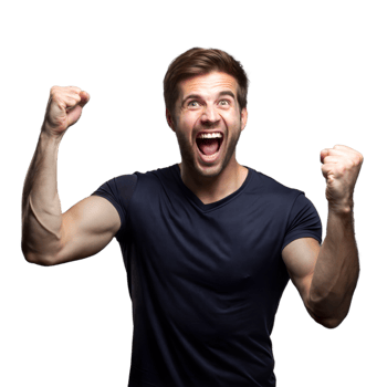 Excited Young Man Wearing Black T-Shirt Raises His Fists In Celebration png