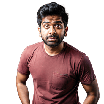 Young Man With Short Black Hair Wearing A Burgundy T-Shirt With A Pocket Looks Surprised png