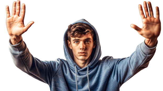 Young Man In Blue Hoodie Raising Both Hands png