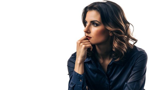 Woman In A Blue Shirt Thinking Pensively In Studio Setting png