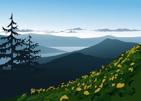 Scenic sunrise landscape with flowers, tree, mountains and lake vector