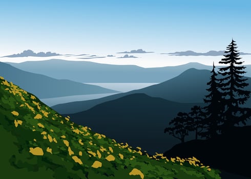 Beautiful sunrise landscape with lake view and hills vector