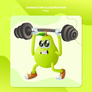 Cute pear character lifting weights vector