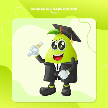Cute pear character wearing a graduation cap and holding a diploma vector