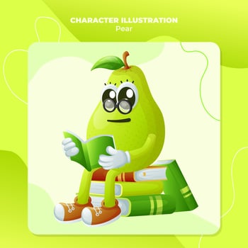 Cute pear character wearing glasses and reading a book vector