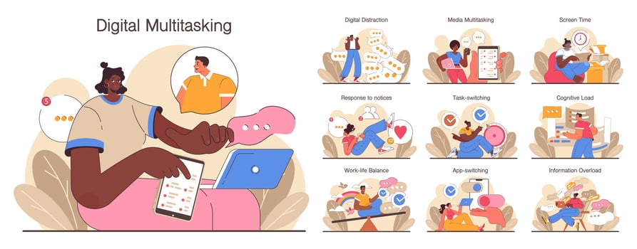 Digital multitasking set. Effective and competent office worker media vector