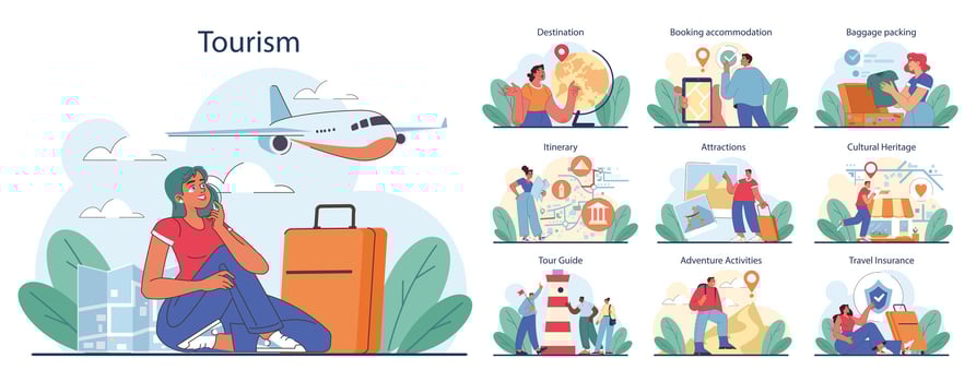 Tourism set. People traveling the world seeing attractions and cultural vector