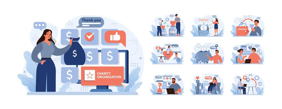 Charity and charitable foundation set. Help for people in need. Humanitarian vector
