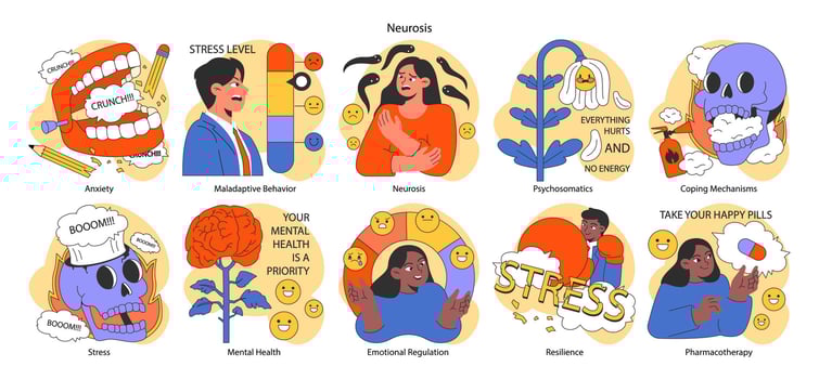 Neurosis set. Chronic stress and anxiety mental disorder. Character vector