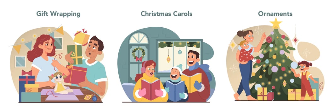 Christmas celebration set. Cheerful family members or friends getting vector