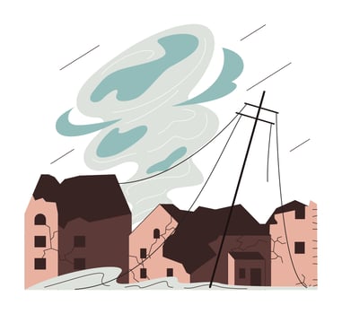 Tornado catastrophe. Natural disaster with hurricane. Twisted storm vector