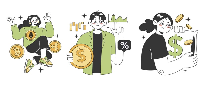Financial literacy set. Personal budget development, money planning vector