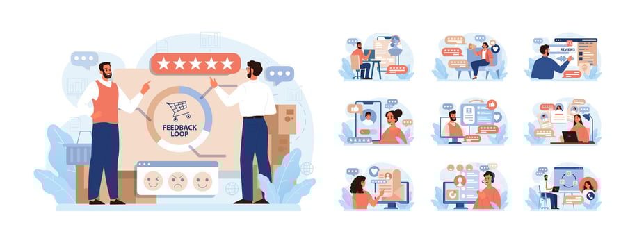 Customer feedback set. Consumer reviews public exchange. Sharing vector