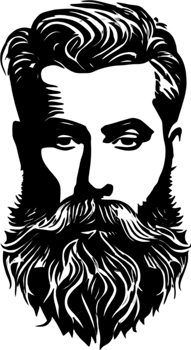 Rugged bearded man's face showcased in striking black stencil. AI-generated. png