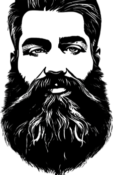 Rugged bearded man's face showcased in striking black stencil. AI-generated. png