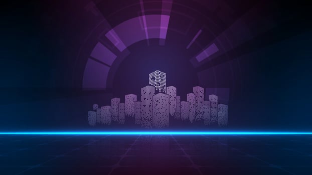 Futuristic abstract night landscape. Network and communication cyber city technology concept. vector