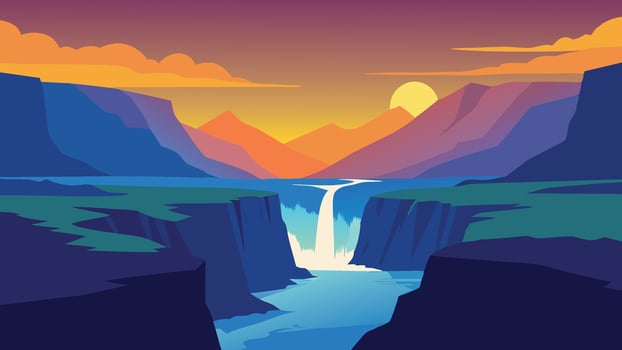 Colorful summer landscape on Jokulsa a Fjollum river. Beautiful sunrise scene on the Selfoss Waterfall in Jokulsargljufur National Park, flat illustration vector