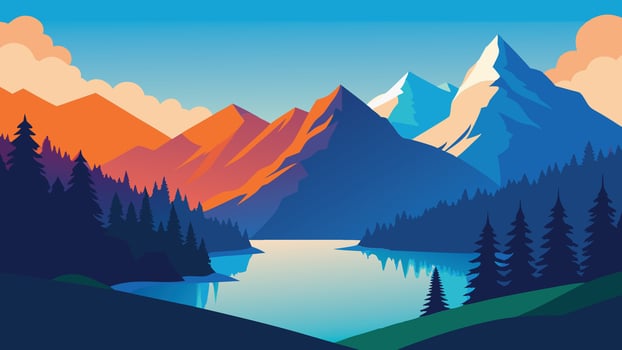 Colorful summer view of Fusine lake. Bright morning scene of Julian Alps with Mangart peak on background, Province of Udine, Italy, Europe flat illustration vector