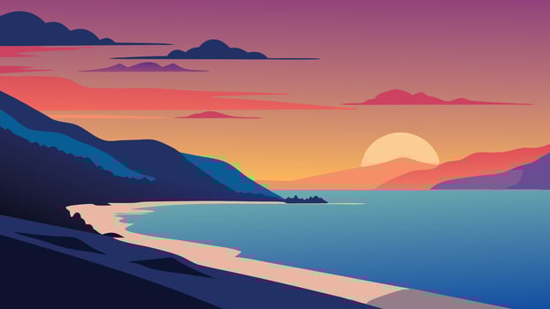Fabulous spring sunset view of Avali Beach. Colorful evening seascape of Ionian sea. Fantastic outdoor scene of Lefkada Island, Greece, Europe. flat illustration vector