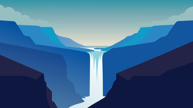 Skjalfandafljot river, Iceland, Europe. Panoramic morning view of Godafoss, spectacular waterfall plunging over a curved, flat illustration. vector